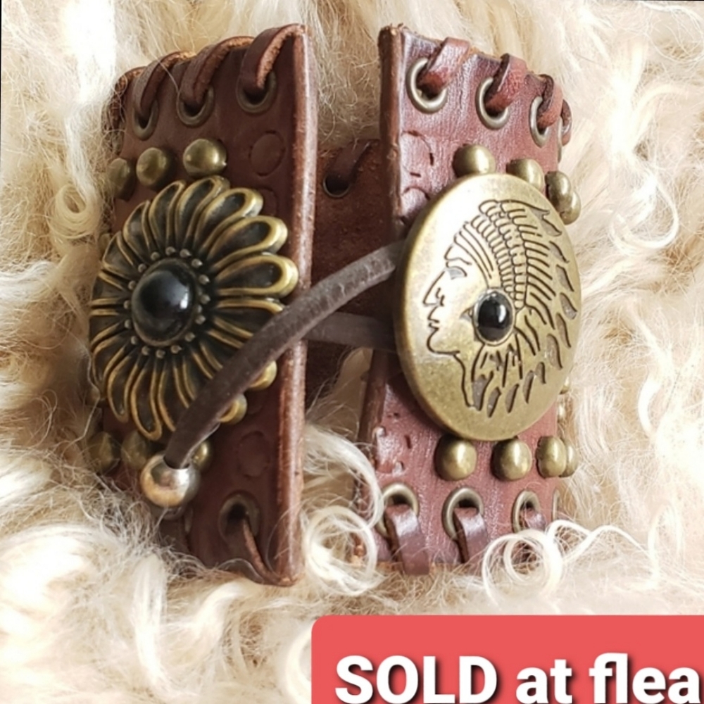 Indian Chief Brass Studded Leather Bracelet
